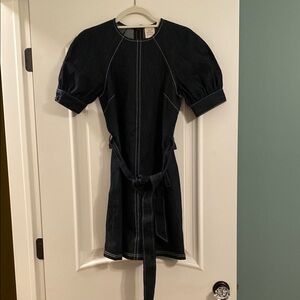 Navy Puff Sleeve Dress with Belt